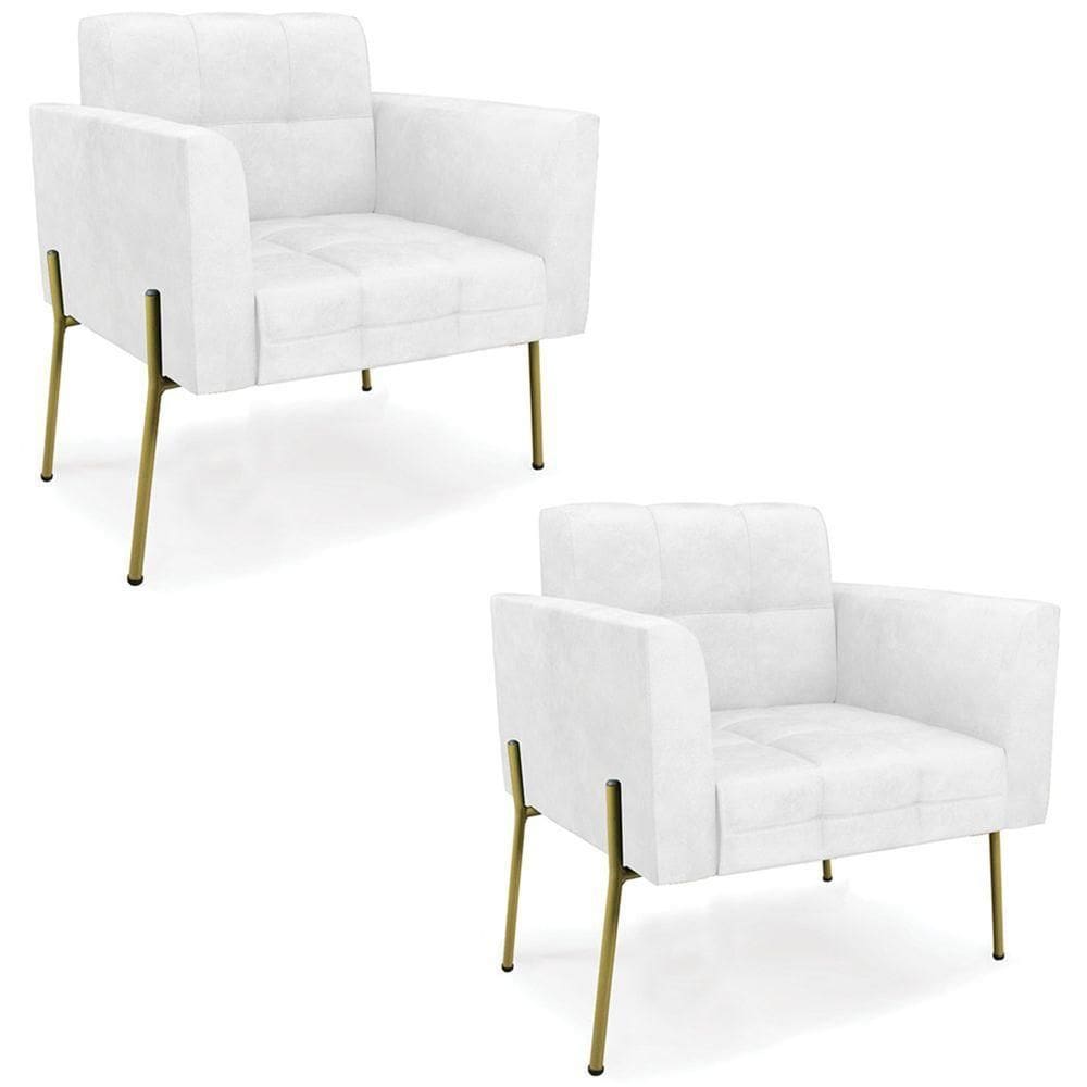 Poltrona Sala Pé Metal Dourado Kit 2 Ana Sintético Pu Branco - Ibiza