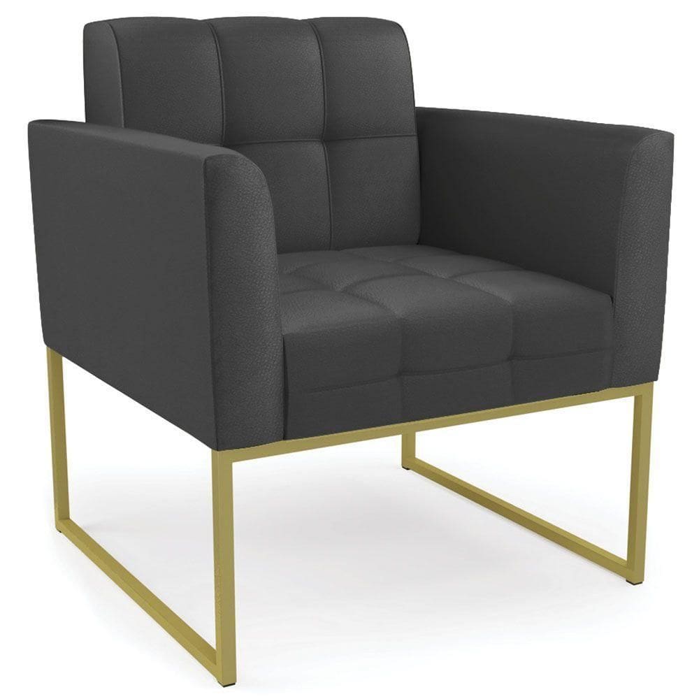 Poltrona Decorativa Base Industrial Dourado Ana Sintético Preto