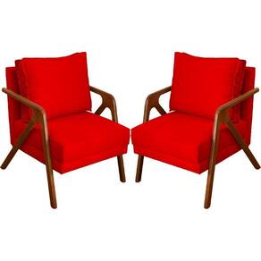 Kit 2 Poltronas Decorativa Para Sala Shine Suede Cores Pé Castanho - Vermelho, Suede