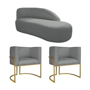 Kit Divã Luna 140cm Lado Direito E 02 Poltronas Base De Ferro Dourado Suede Cor Cinza