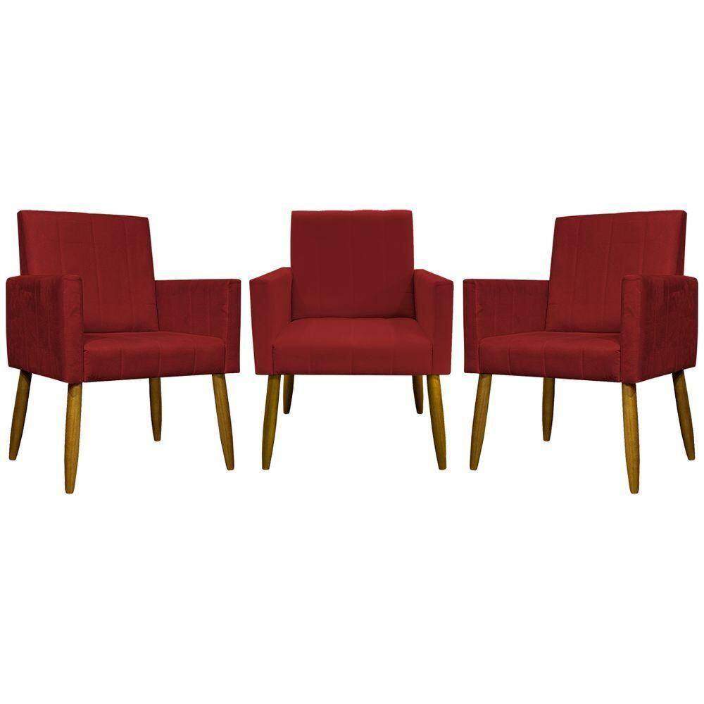 Kit 3 Poltronas Decorativas Confortáveis Mari - Vermelho Suede