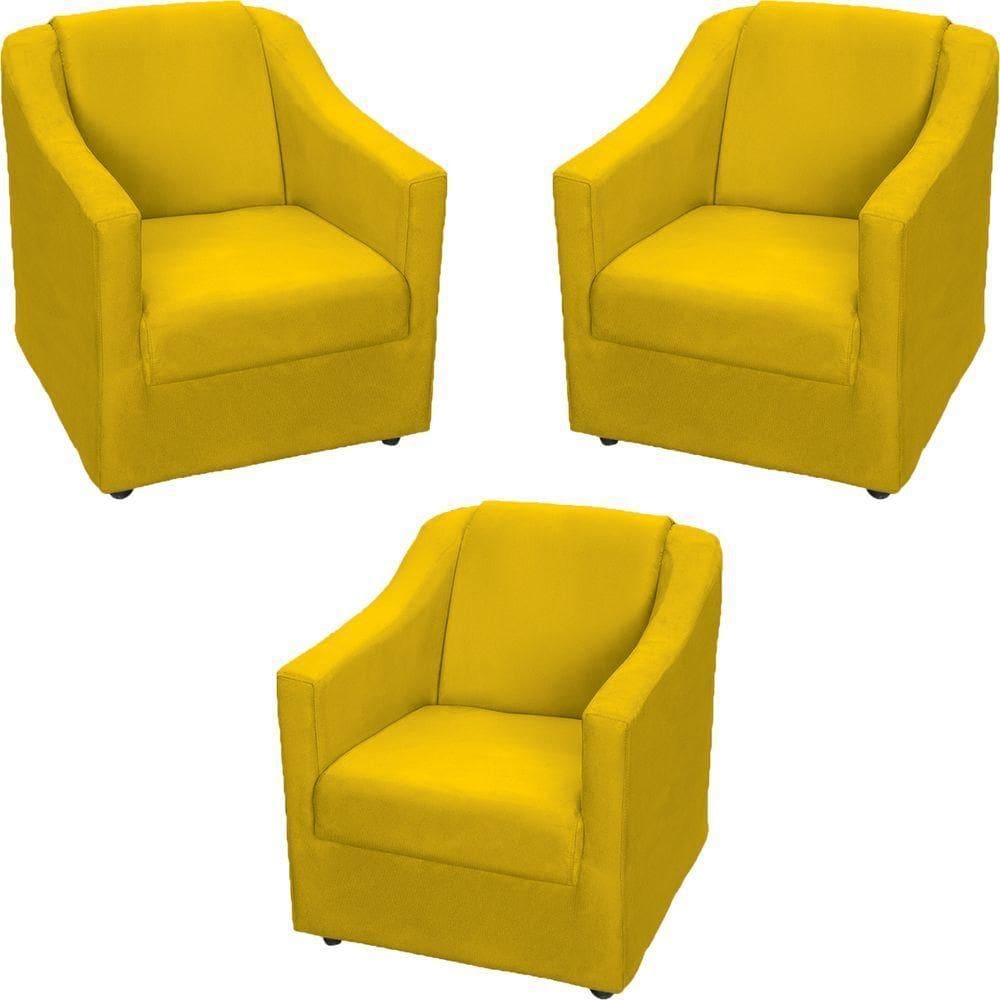Kit 3 Poltronas Mila Pé De Plástico Cromado - Amarelo Suede