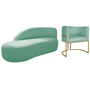 Kit Divã Luna 185cm Lado Esquerdo E 01 Poltrona Base De Ferro Dourado Suede Cor Azul Tiffany