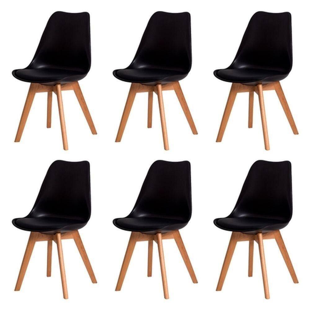 Kit C/6 Cadeiras Leda – Charles Eames, Saarinen Wood Com Almofada Preta