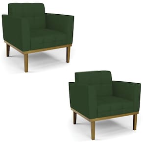Poltrona Base Madeira Castanho Kit 2 Ana Veludo Luxo Verde