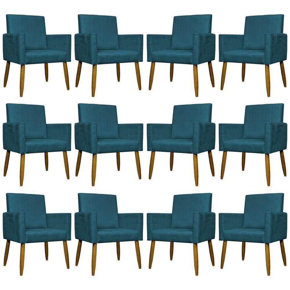 Kit 12 Poltronas Decorativas Mari Pé Palito Castanho - Azul-marinho Suede