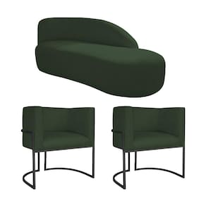 Kit Divã Luna 160cm Lado Direito E 02 Poltronas Base De Ferro Preto Linho Cor Verde