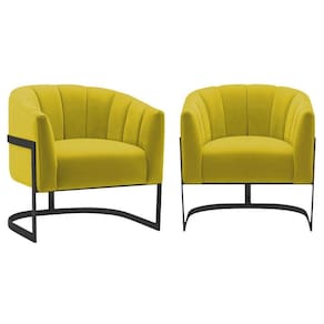 Kit 2 Poltronas Decorativas Sala De Estar Recepção Mavie Base De Ferro Preto Suede Cor Amarelo