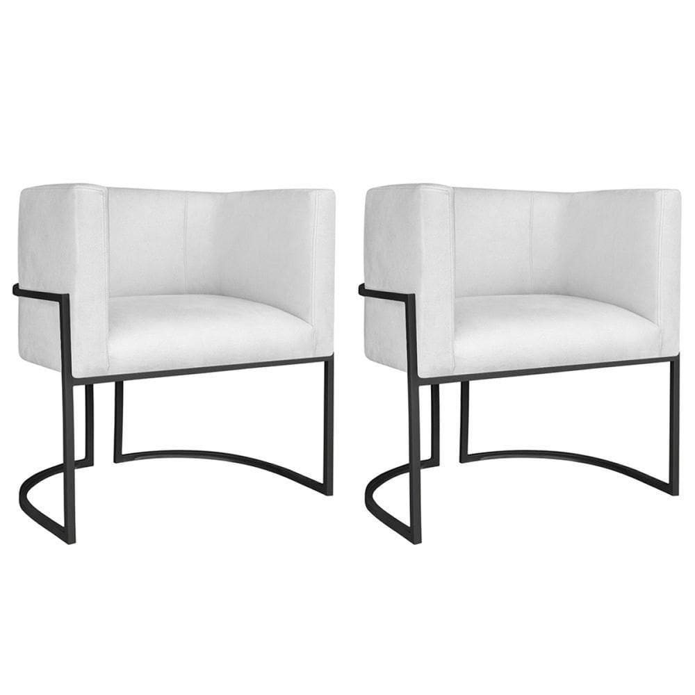 Kit 02 Poltronas Decorativas Luna Base De Ferro Preto Sintético Cor Branco