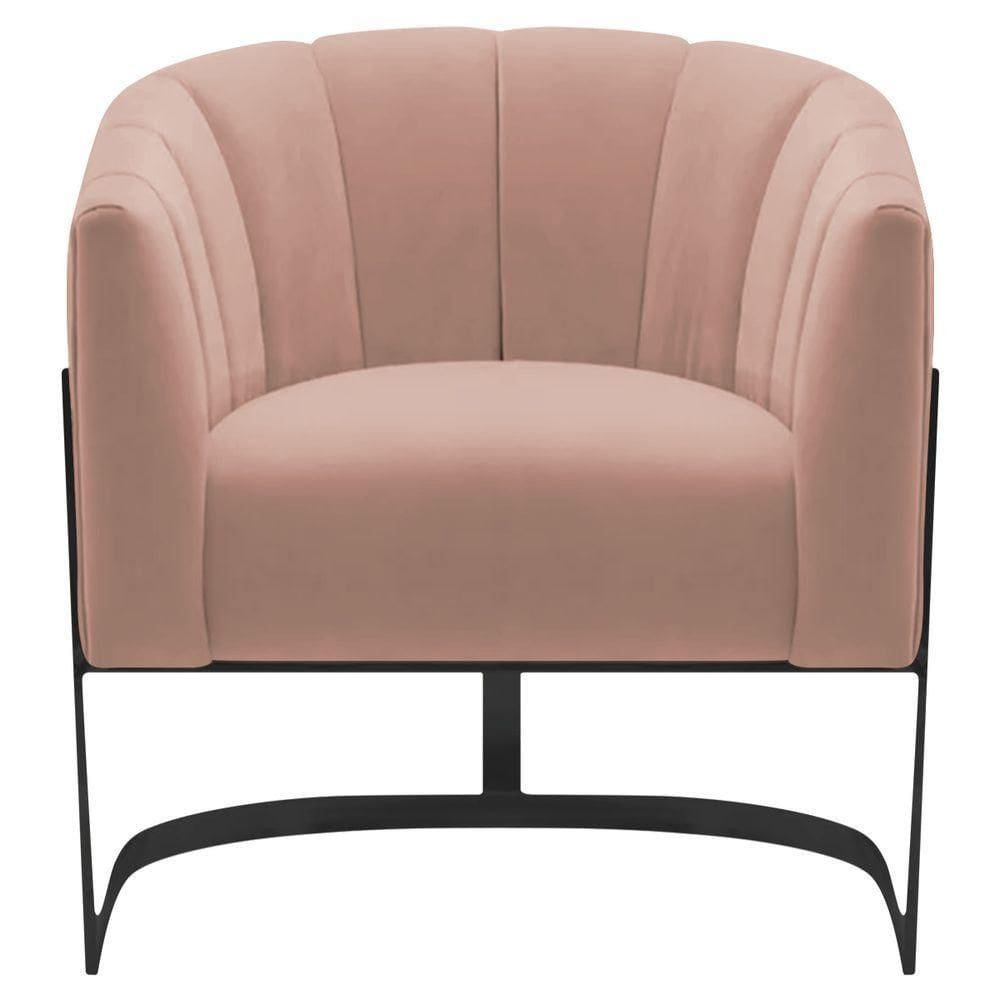 Poltrona Decorativa Sala De Estar Recepção Mavie Base De Ferro Preto Suede Cor Rosê