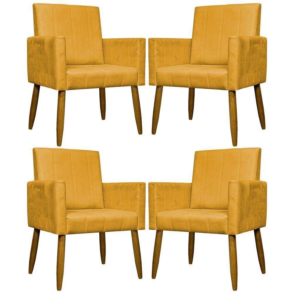 Kit 4 Poltronas Decorativas Mari Suede Pé Palito Castanho - Mostarda Suede