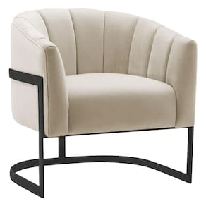 Poltrona Decorativa Sala De Estar Recepção Mavie Base De Ferro Preto Bouclé Adj Decor Bege