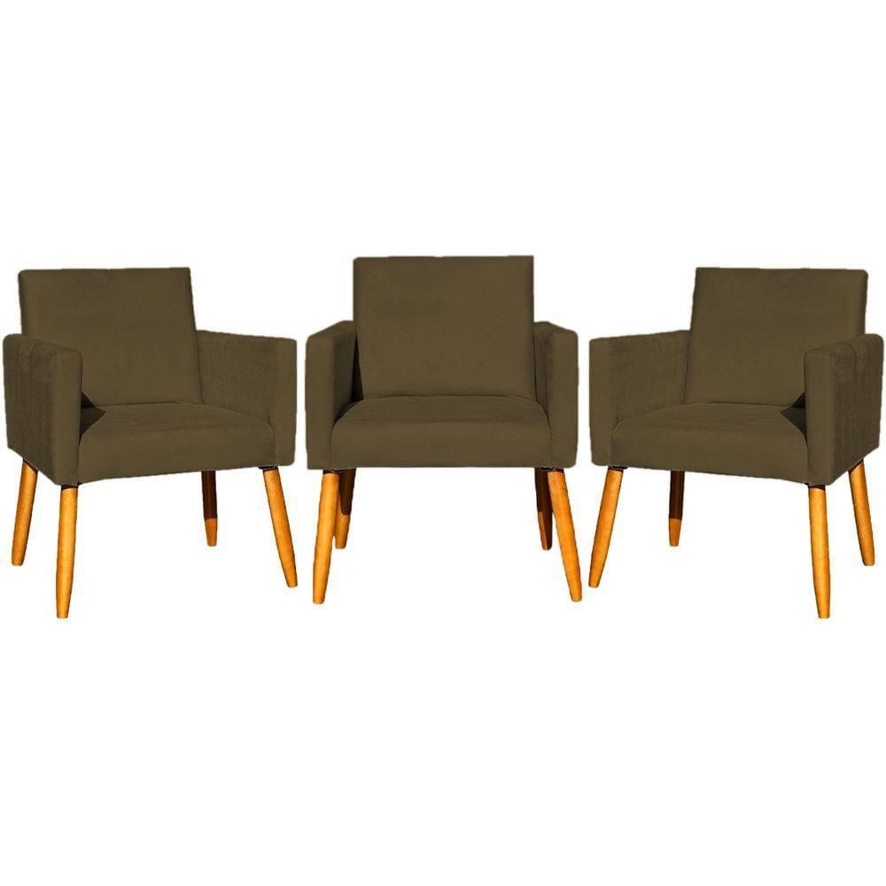 Kit 3 Poltronas Para Recepção Nina Suede Cores Pé Palito 30cm Castanho - Suede