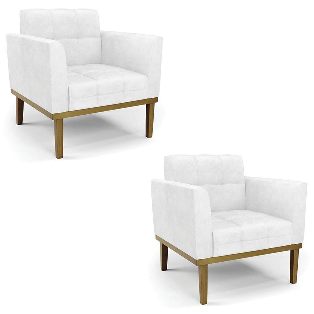 Poltrona Base Madeira Castanho Kit 2 Ana Sintético Pu Branco