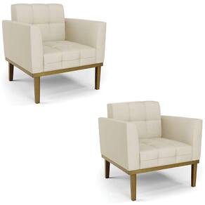 Poltrona Base Madeira Castanho Kit 2 Ana Veludo Luxo Off White