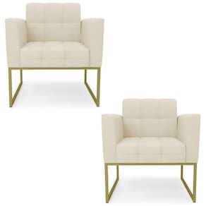 Poltrona Base Industrial Dourado Kit 2 Ana Linho Bege