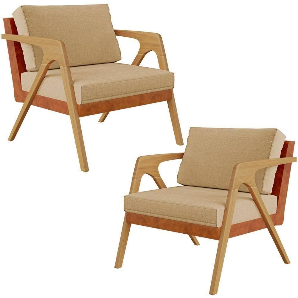 Kit 02 Poltronas Sala L02 Couríssimo Camel Linho Bege Escuro