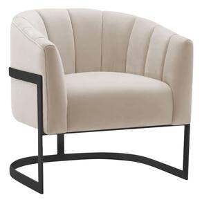 Poltrona Decorativa Sala De Estar Recepção Mavie Base De Ferro Preto Linho Adj Decor Bege