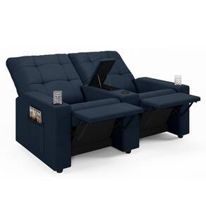 Poltrona Do Papai Reclinável Cinema 2 Lugares Manual Baú Usb Haifa F05 Veludo Azul - Lyam Decor