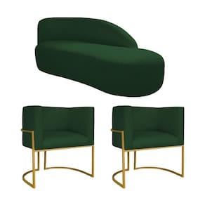 Kit Divã Luna 160cm Lado Direito E 02 Poltronas Base De Ferro Dourado Suede Verde