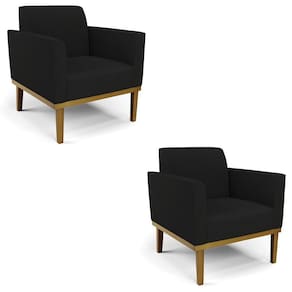 Poltrona Base Madeira Castanho Kit 2 Maressa Linho Preto