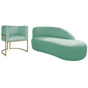 Kit Divã Luna 160cm Lado Direito E 01 Poltrona Base De Ferro Dourada Suede Cor Azul Tiffany