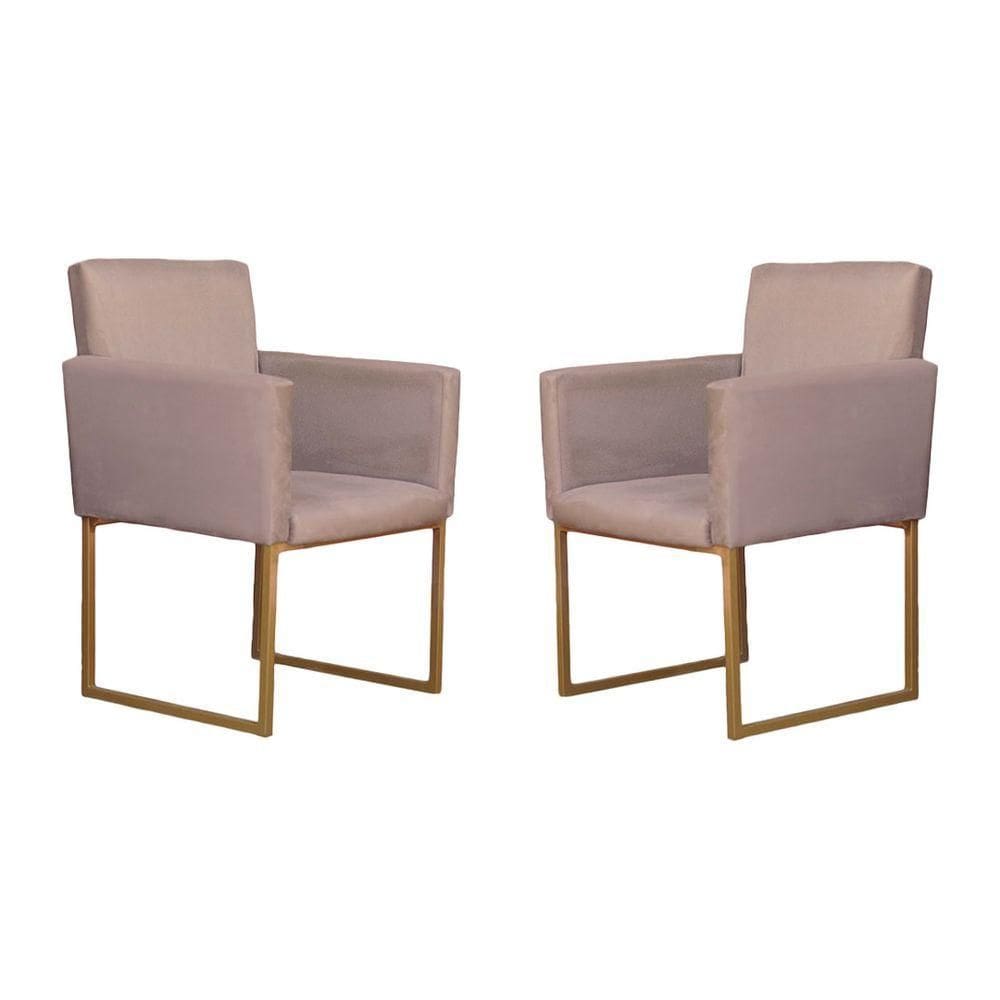 Kit 02 Poltronas Decorativas Klara Base Dourada Em Suede Bege