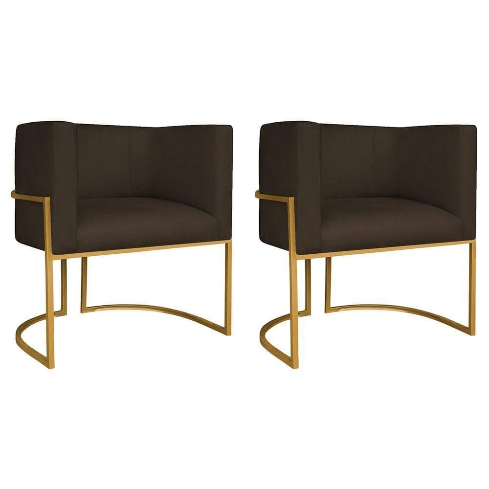 Kit 02 Poltronas Decorativas Luna Base De Ferro Dourado Sintético Cor Marrom