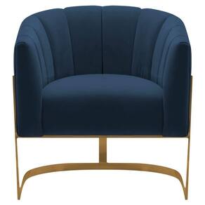 Poltrona Decorativa Sala De Estar Recepção Mavie Base De Ferro Dourado Suede Azul Marinho