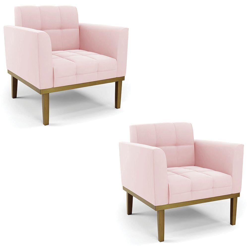 Poltrona Base Madeira Castanho Kit 2 Ana Suede Rosa Bebê