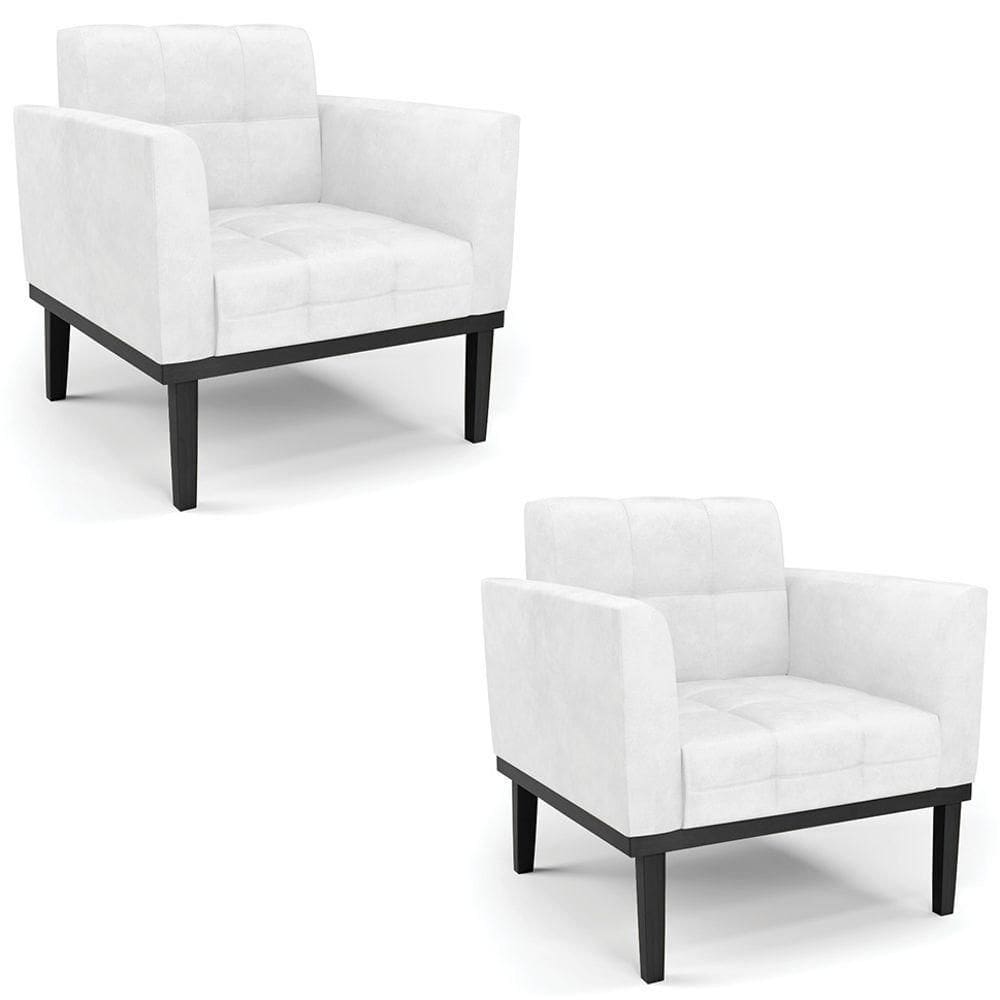 Poltrona Base Madeira Preto Kit 2 Ana Sintético Pu Branco