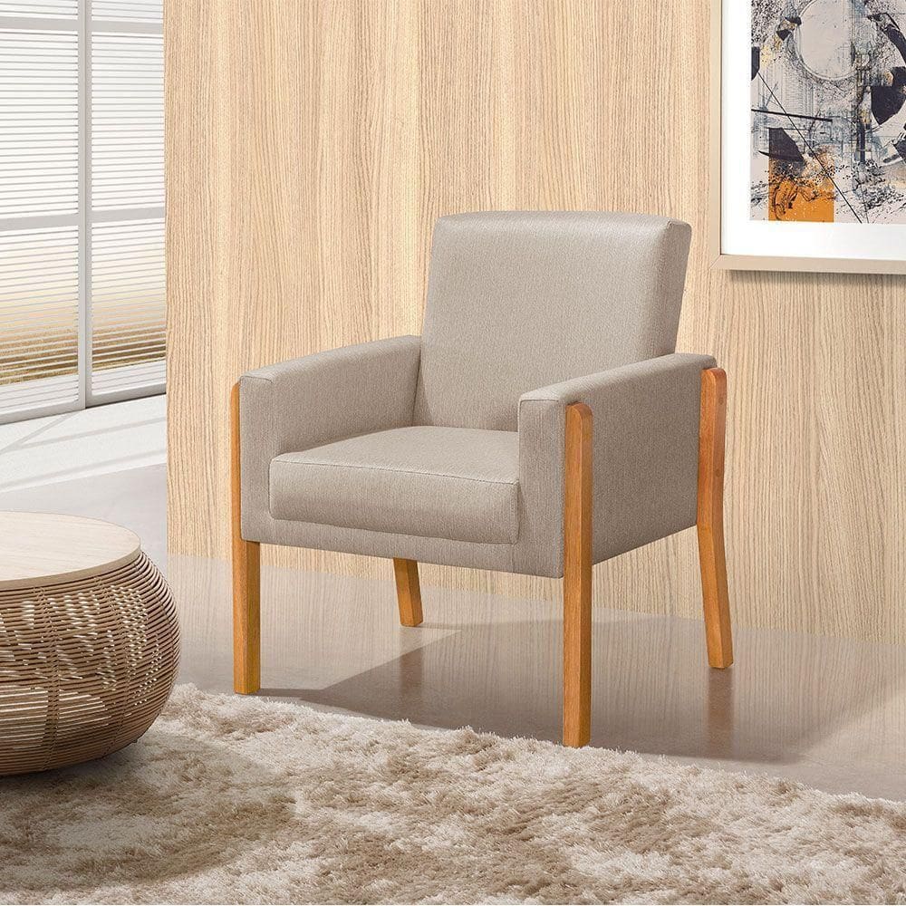 Poltrona Sala De Espera Pés Em Madeira Santorini Linho Bege - Bege