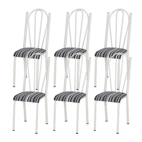 Kit 06 Cadeiras Tubular Branca 021 Assento Preto Listrado Preto Listrado