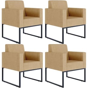 Kit 04 Poltronas Decorativa Sala Recepção Base Fixa De Metal Helô L02 Linho Bege Escuro - Lyam Decor