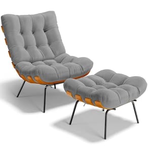 Poltrona Costela L02 Com Puff Sala De Estar Bouclê Cinza - Lyam Decor