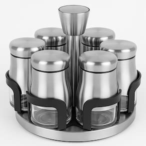 Porta Temperos Giratório Inox Com 6 Potes de Vidro Herméticos Design Sofisticado