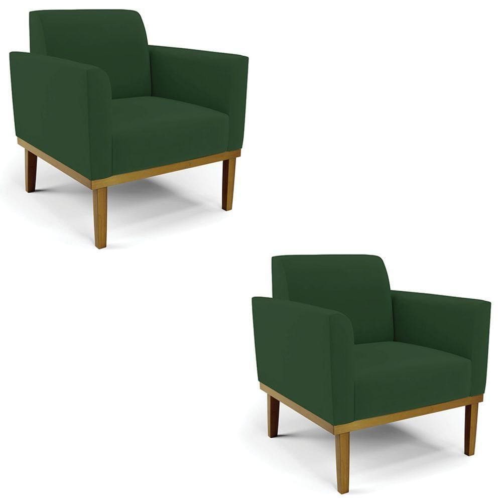 Poltrona Base Madeira Castanho Kit 2 Maressa Veludo Verde