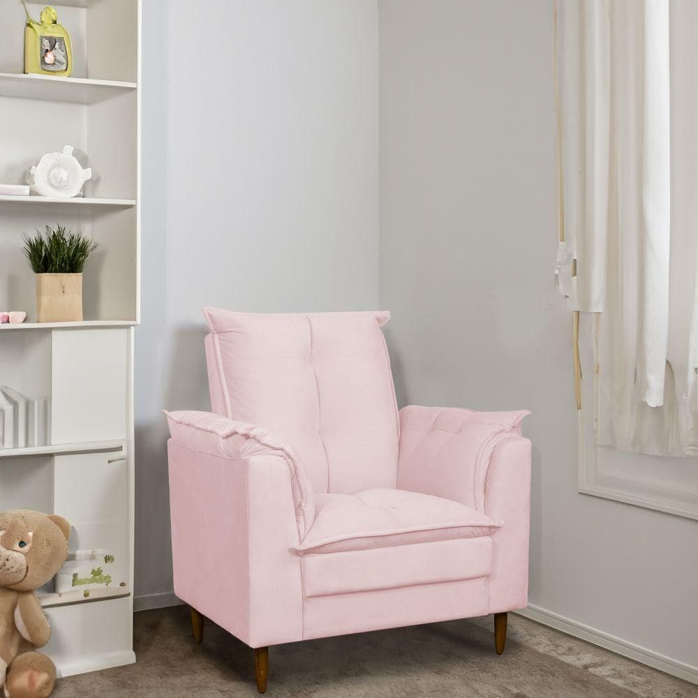 Poltrona Amamentação Pés Madeira Maciça Suede Herrero Cor:rosa Bebê