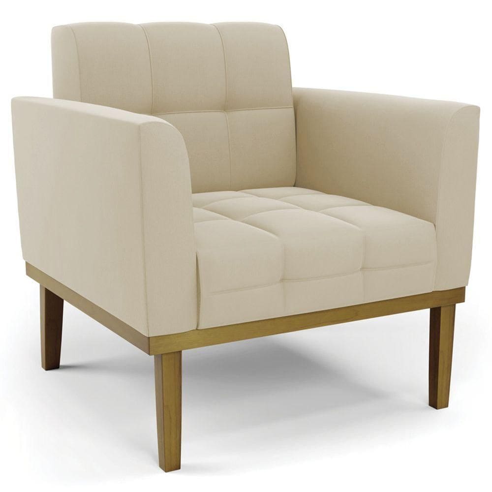 Poltrona Decorativa Base Madeira Castanho Ana Suede Bege
