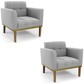 Poltrona Base Madeira Castanho Kit 2 Ana Suede Cinza
