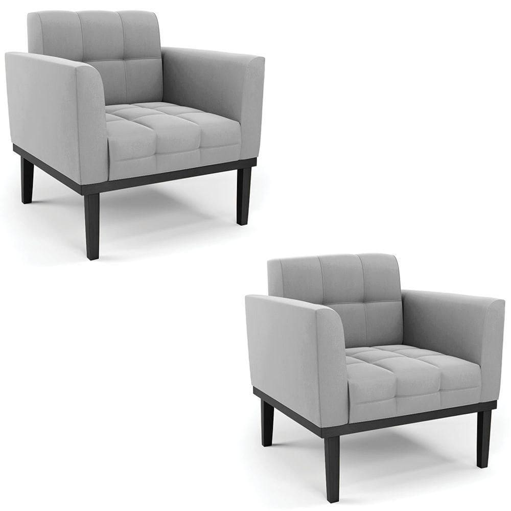 Poltrona Base Madeira Preto Kit 2 Ana Suede Cinza