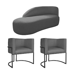 Kit Divã Luna 160cm Lado Esquerdo E 02 Poltronas Base De Ferro Preto Linho Cor Cinza Escuro