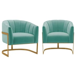 Kit 2 Poltronas Decorativas Sala De Estar Recepção Mavie Base De Ferro Dourado Suede Azul Tiffany