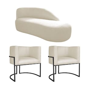 Kit Divã Luna 140cm Lado Direito E 02 Poltronas Base De Ferro Preto Linho Cor Bege