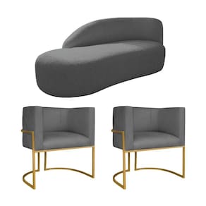 Kit Divã Luna 185cm Lado Esquerdo E 02 Poltronas Base De Ferro Dourado Linho Cor Cinza Escuro