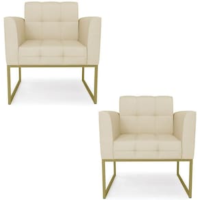 Poltrona Base Industrial Dourado Kit 2 Ana Veludo Luxo Off White