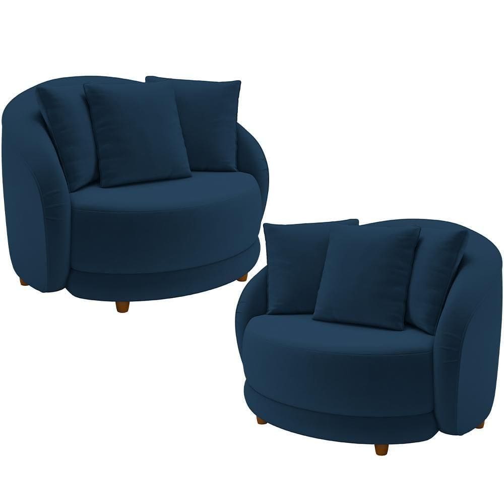 Kit 02 Poltronas Decorativas Base Fixa Pés Madeira Witta M03 Veludo Azul - Lyam Decor