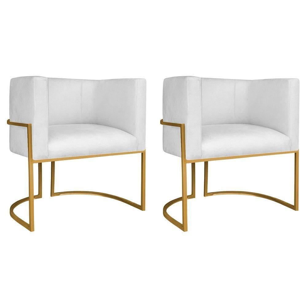 Kit 02 Poltronas Decorativas Luna Base De Ferro Dourado Sintético Cor Branco