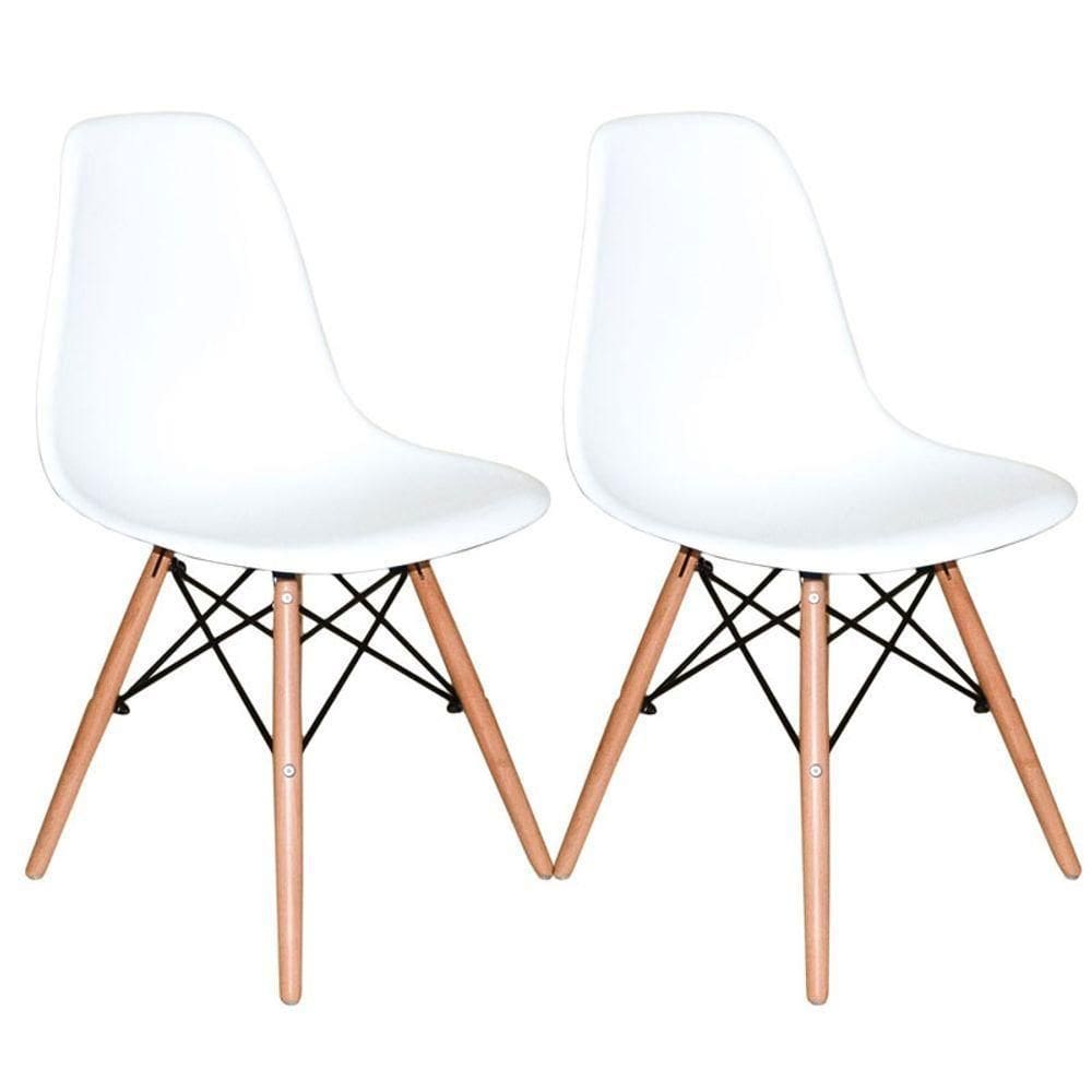 Kit 2 Cadeiras Eiffel Charles Eames Wood Base Madeira Branca