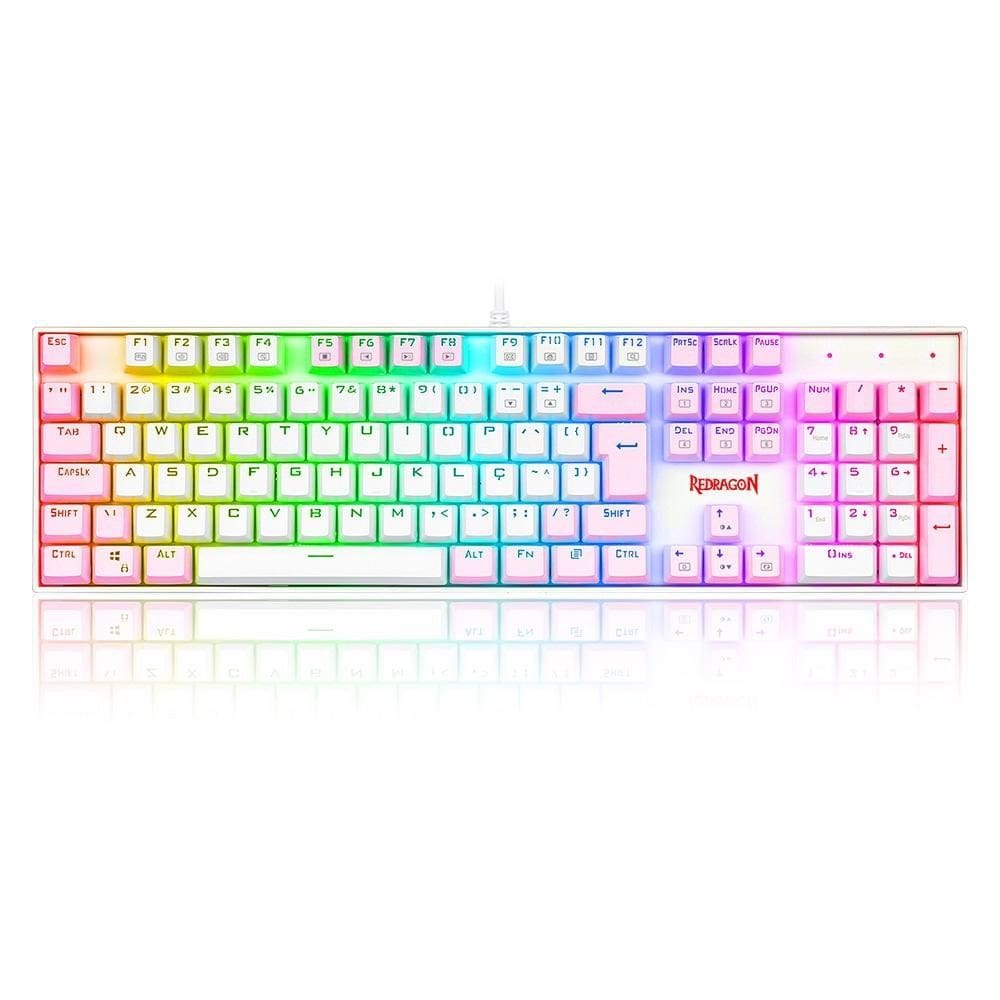 Teclado Mecânico Gamer Redragon Mitra, RGB, Switch Blue, ABNT2, Branco e Rosa
